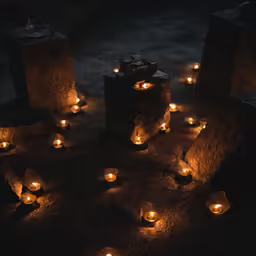 a group of candles set out with them glowing on the ground