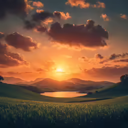 a beautiful view of mountains, grass, and water at sunset