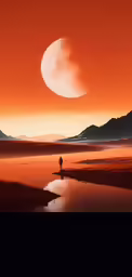 a man is walking in front of an orange sunset