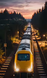 train riding on the rails in front of several trees,there is a yellow and black train coming down the tracks