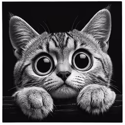 a kitten with large eyes peeking out from behind a black background