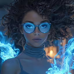 a beautiful woman in glasses is shown with flames