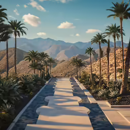 there is a pathway going up to a palm tree lined path