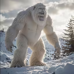 big white gorilla standing in snow next to pine trees