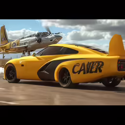 a yellow and black car on the street and an airplane