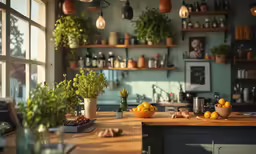 a kitchen table with oranges and other fresh produce