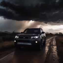 the car is driving down the road with a dark cloud above it