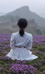 a girl with long black hair in a field of flowers