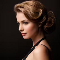 the lady in the black dress has her hair up