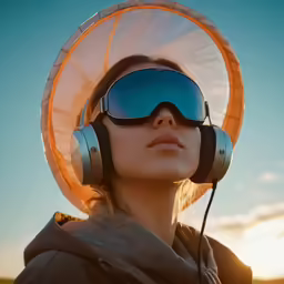 a woman wearing headphones and a hat with the sun in her eyes
