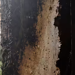 a wet and stained piece of metal with water droplets