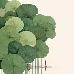 green umbrellas are stacked up against a white wall