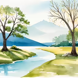 this is an impression of two trees by a river