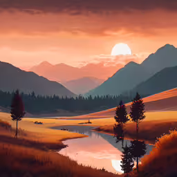a landscape with mountains and trees in the background,sunset scene of the mountains surrounding lake with reflections in water