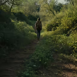 there is a woman walking along the forest trail