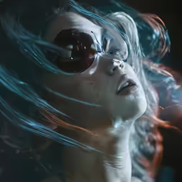 a woman with sunglasses blowing smoke in the air