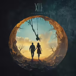 a couple walks through a circular image of an abstract scene