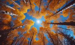 a view looking up at the sky through many trees