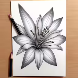 the drawing of flowers is drawn with a pencil,a drawing of a lily on white paper with a pencil