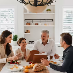 a group of people are talking around a table with food