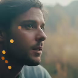 a young man is staring into the distance