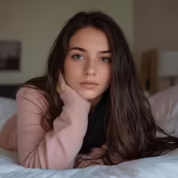 an attractive young woman sitting on top of a bed
