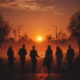 a group of people walking down a street at sunset