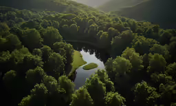 a lush green forest next to a lake in the middle of it