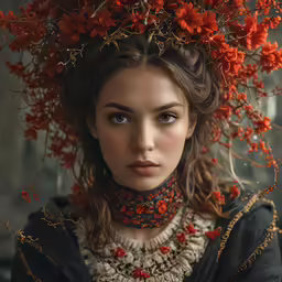 a woman in a dress wearing flowers on her head