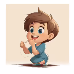 the young boy is kneeling down and laughing