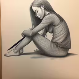 a pencil drawing of a woman sitting on the ground with a pen,a pencil drawing of a girl with long hair sitting down holding a pencil