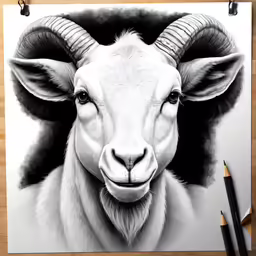 a drawing of a goat on top of a white paper