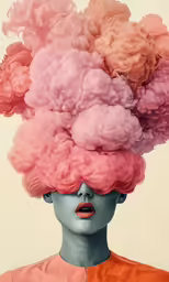 a woman with a strange hairdo and multi - colored clouds