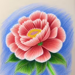 a flower sitting in the middle of a picture on a table,the painting is colored of a pink flower,drawing flower color pencil drawing flowers and colors,a drawing of a flower is shown on a blue background,a drawing of a pink flower on a white background