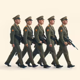several soldiers march through a line of marching poses
