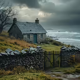 a cottage stands on the edge of a grassy hillside