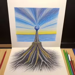 an artist is creating a drawing of a tree that has the roots growing out of it