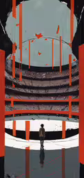 a man standing in front of a giant theatre,this illustration depicts an auditorium with a man looking at the seats