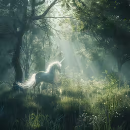 the unicorn is in a green wooded area,the horse has long mane and light is streaming through