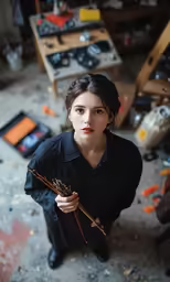 an overhead shot of a woman holding a broom