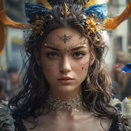 a woman with horns, wings and piercings and headdress