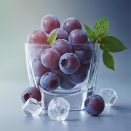 a glass bowl filled with grapes next to ice cubes
