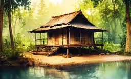 a drawing of a bamboo hut that is in the middle of a lake,this is a painting of a small hut in the forest