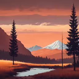 a mountain range covered in snow as the sun sets,a landscape shows a mountain range with small lake surrounded by tall trees and yellow grass
