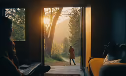 a woman standing in front of a doorway at sunset