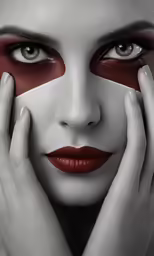 a woman with red and white makeup holding her hands near her face