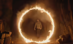 man standing in the middle of fire tunnel with his arms wrapped around his neck