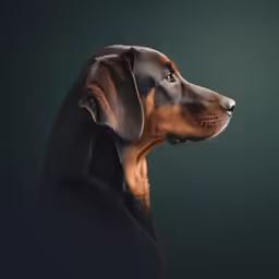 a black and brown dog looking straight ahead with dark background