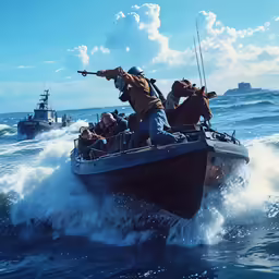 a large boat with men inside in the water