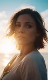 a woman with her hair blowing in the wind